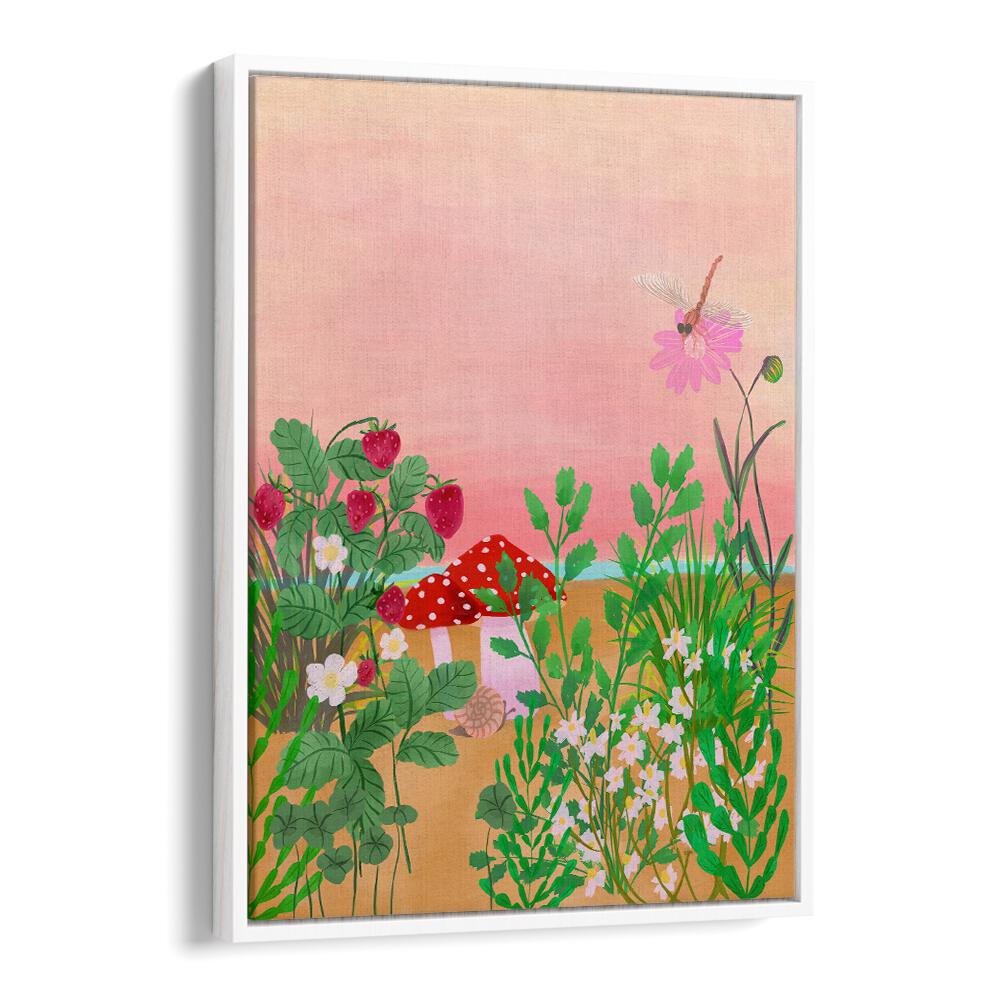 Charming WILD STRAWBERRY TRAIL, FLORAL FLOWER PAINTINGS showcasing vibrant flowers and strawberries in summer bliss.