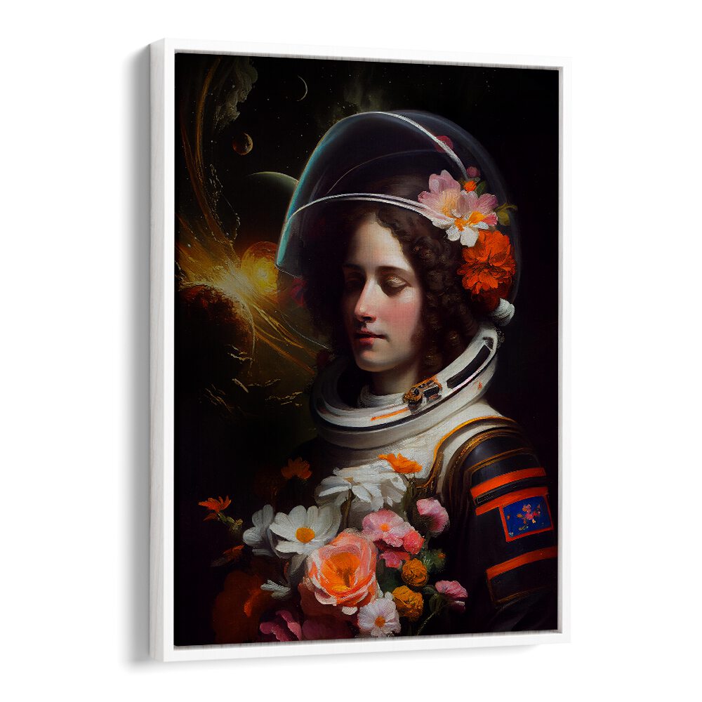 ASTRONAUT BEAUTY, ALTERED ART PRINTS by Dikhotomy showcases a cosmic-themed design fused with floral elements.