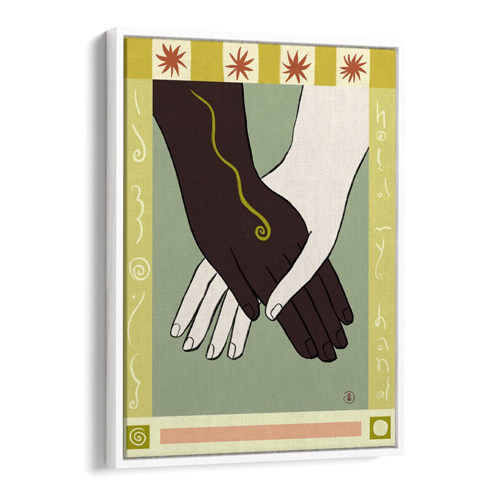 Colorful art print featuring diverse hands, showcasing connection and love, perfect for any space—HOLDING HANDS II, VIBRANT.