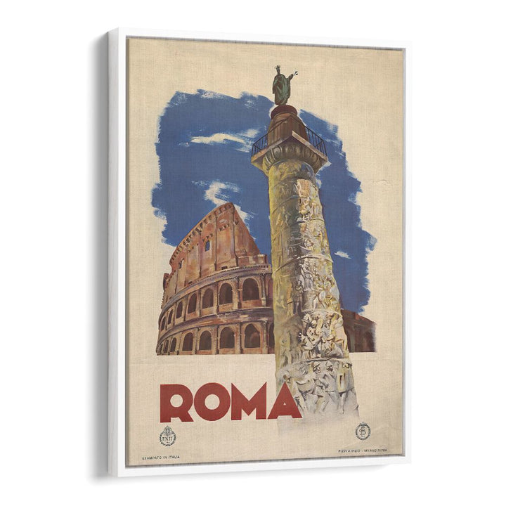 Stylish ROMA, VINTAGE TRAVEL POSTERS featuring the iconic Colosseum and ancient landmarks, perfect for decor.
