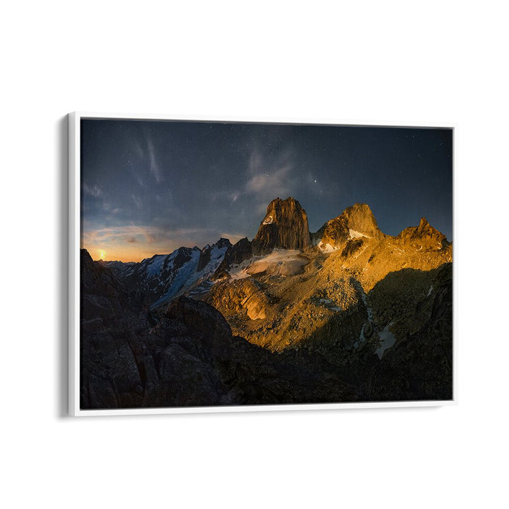 Stunning BUGABOOS MOONRISE photography prints showcase majestic mountains under a serene night sky.