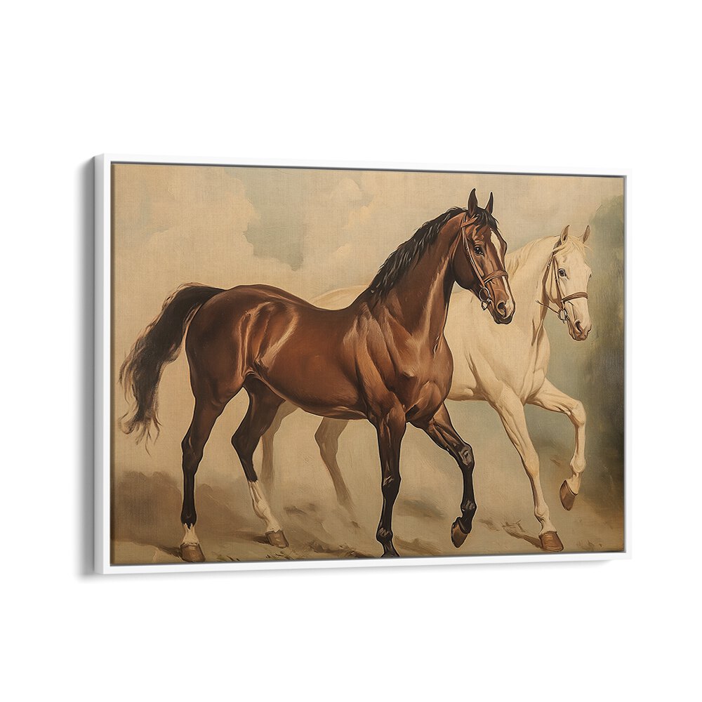 Two majestic horses galloping gracefully, featured in the stunning DUO HORSES GALLOPING, ANIMAL PAINTINGS collection.