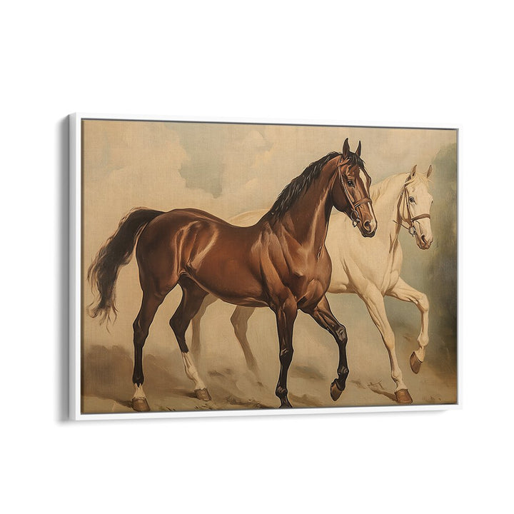Two majestic horses galloping gracefully, featured in the stunning DUO HORSES GALLOPING, ANIMAL PAINTINGS collection.
