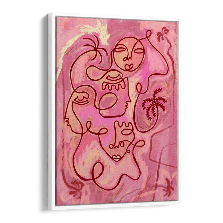 Colorful abstract design featuring serene faces and palm trees, perfect for ESCAPE TO PEACE, BOHO ART PAINTINGS.