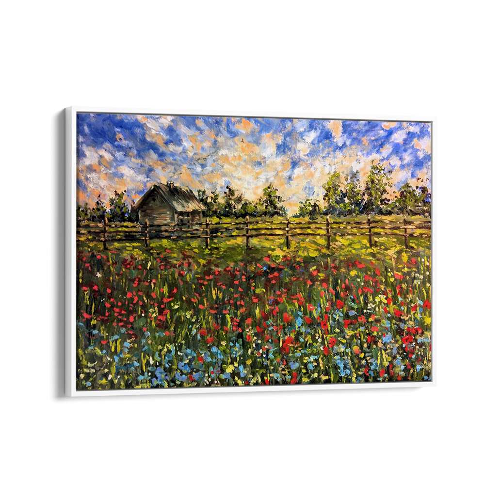 Vibrant COUNTRYSIDE, LANDSCAPE PAINTINGS showcasing a peaceful scene with wildflowers and a rustic barn charm.