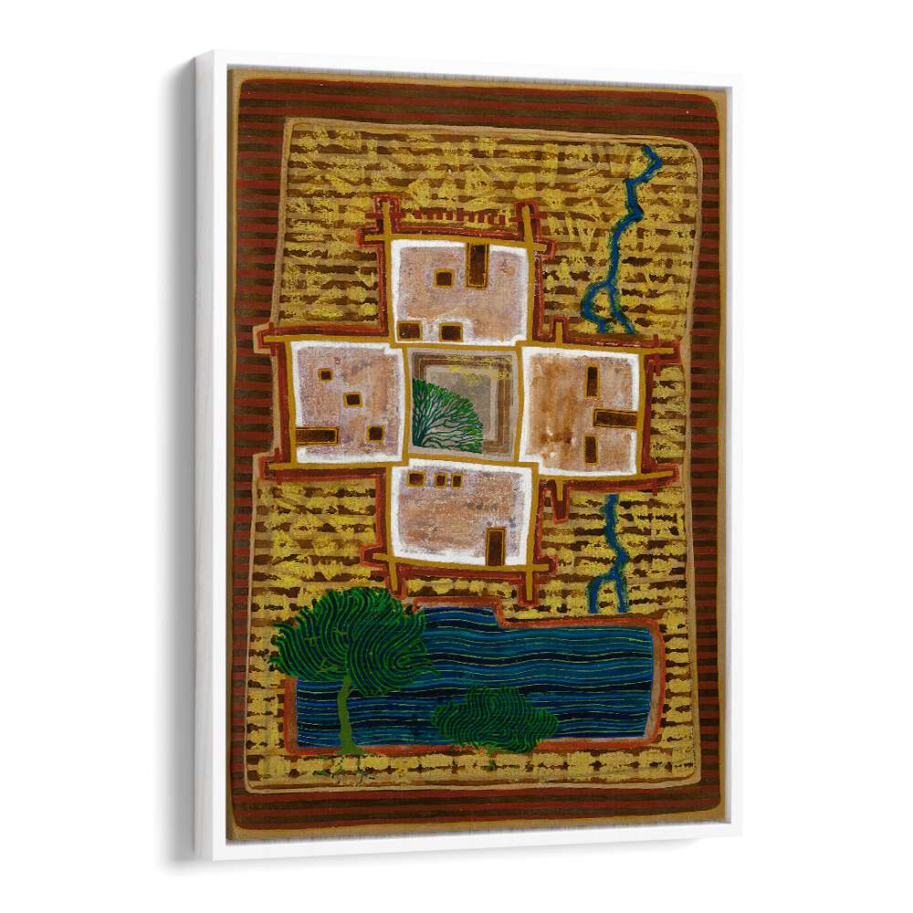 Colorful landscape painting titled "A SHADOWY CORNER," featuring a serene scene with trees and water. Perfect for decor.