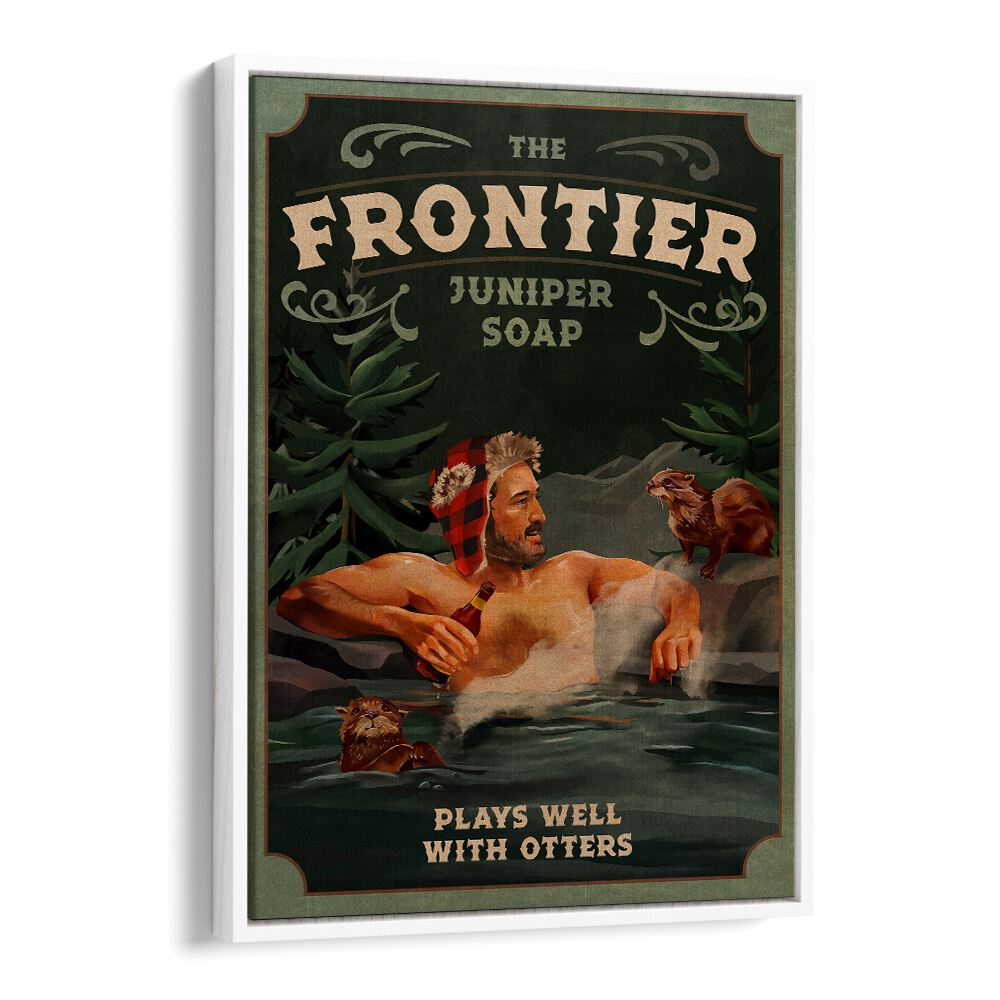 FRONTIER MAN WITH OTTERS, BAR art print capturing outdoor adventure, perfect for your cafe or home decor.