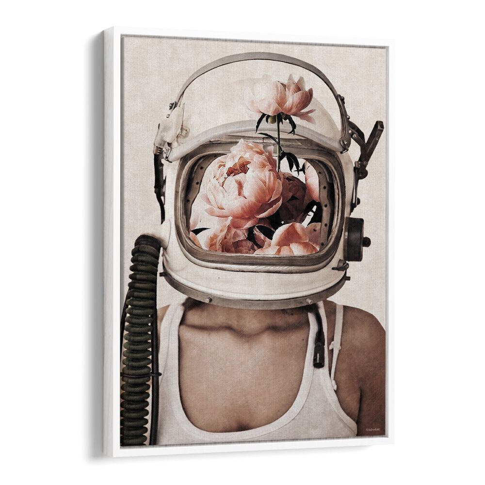 Surreal art print "SPACE BLOOM" by Underdott features flowers inside an astronaut helmet, blending imagination and reality.