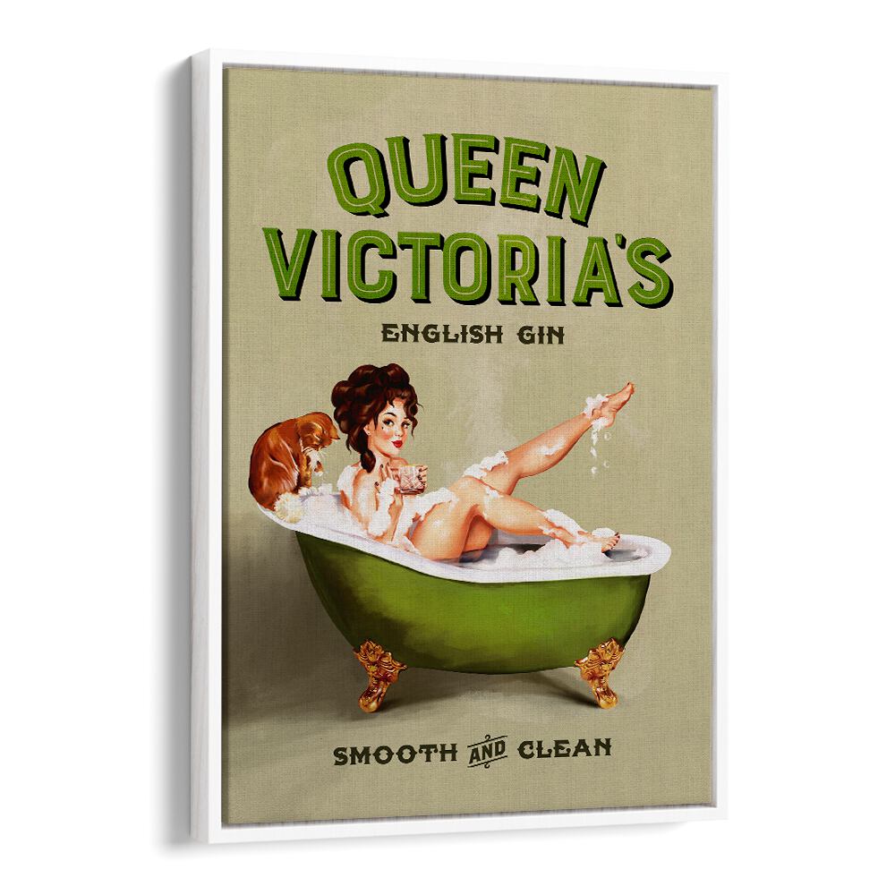 Captivating QUEEN VICTORIA, PORTRAITS illustration features a vintage pinup girl enjoying a luxurious gin bath.