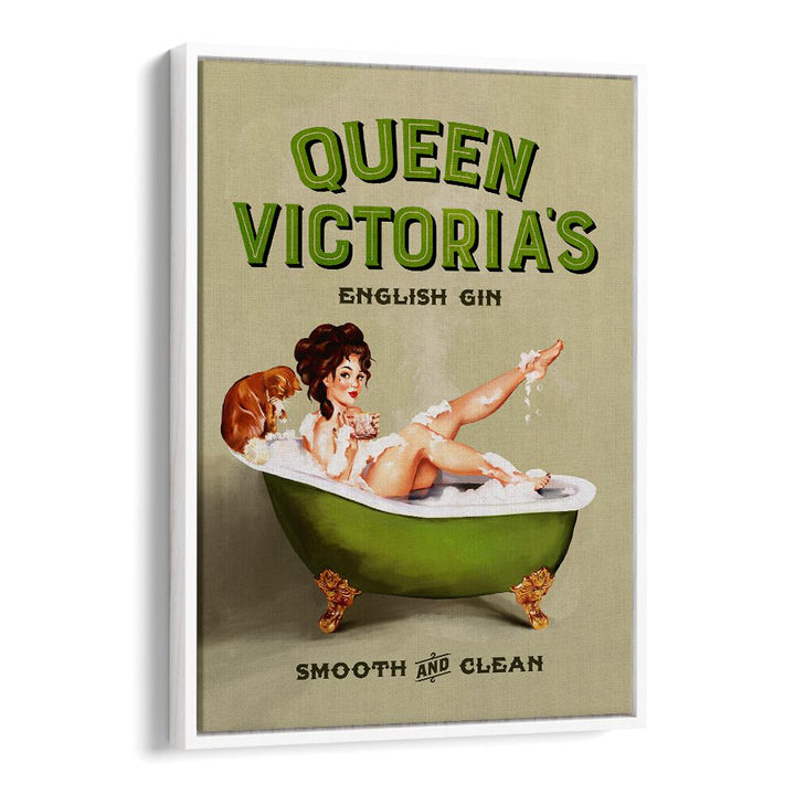 Captivating QUEEN VICTORIA, PORTRAITS illustration features a vintage pinup girl enjoying a luxurious gin bath.