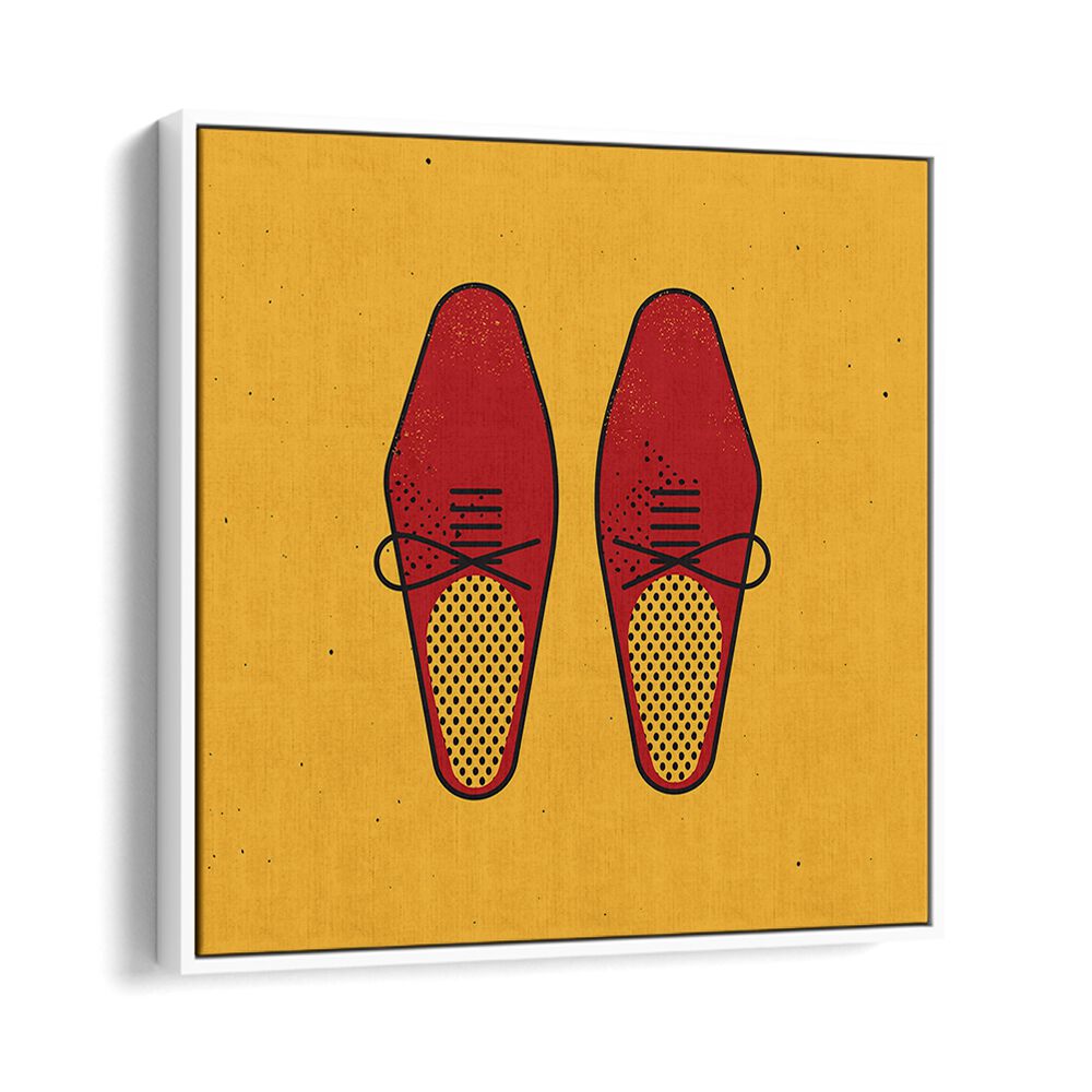 Bold artwork featuring THE RED SHOES, FASHION POSTERS against a vibrant yellow background, perfect for stylish decor.