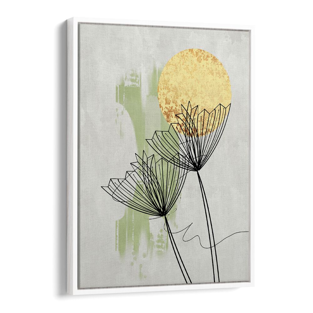 Stunning ABSTRACT BOTANICAL, FLORAL FLOWER PAINTINGS featuring delicate flowers and a golden sun for modern decor.