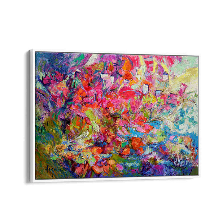 LUMINOUS PETAL CASCADE , FLORAL FLOWER PAINTINGS White Floater framed vibrant pastel floral painting with expressive brushstrokes