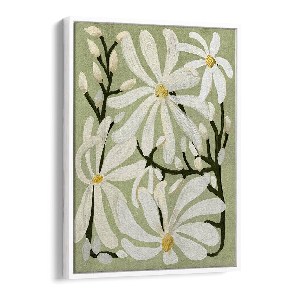 Delicate STAR MAGNOLI, FLORAL FLOWER PAINTINGS showcase stunning magnolia blooms against a soft green background.