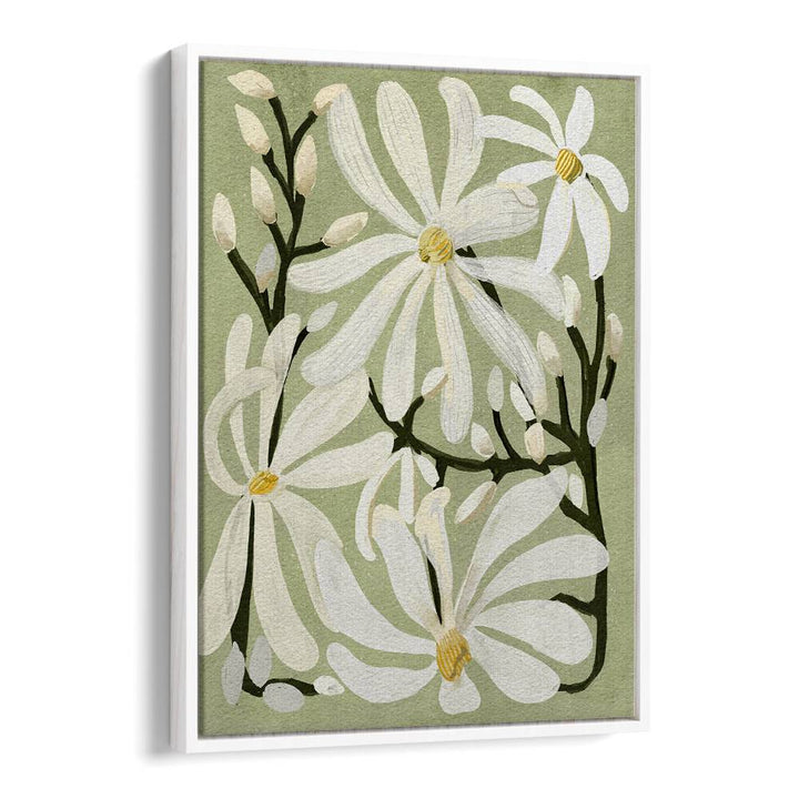 Delicate STAR MAGNOLI, FLORAL FLOWER PAINTINGS showcase stunning magnolia blooms against a soft green background.