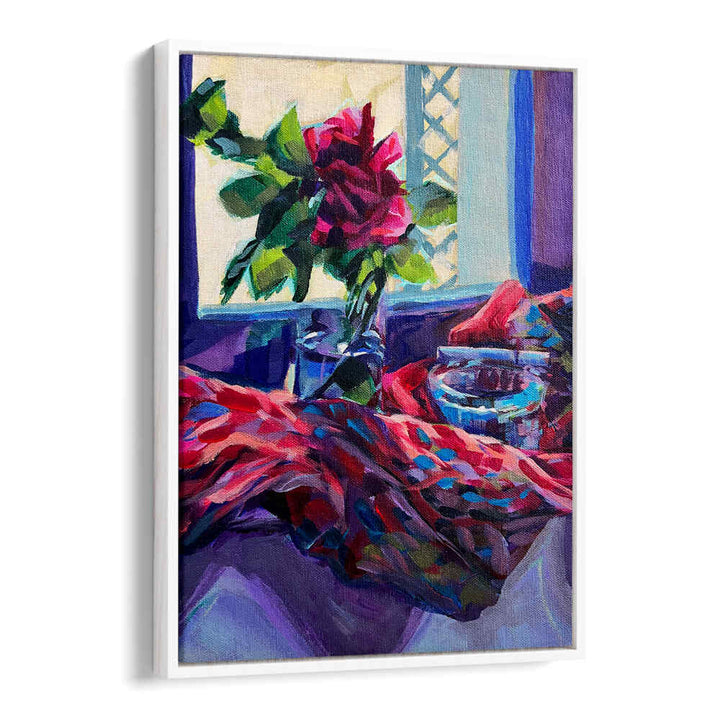 ROSE FRANÇAISE , FLORAL FLOWER PAINTINGS: pink rose in vase by sunlit window with vibrant draped fabric