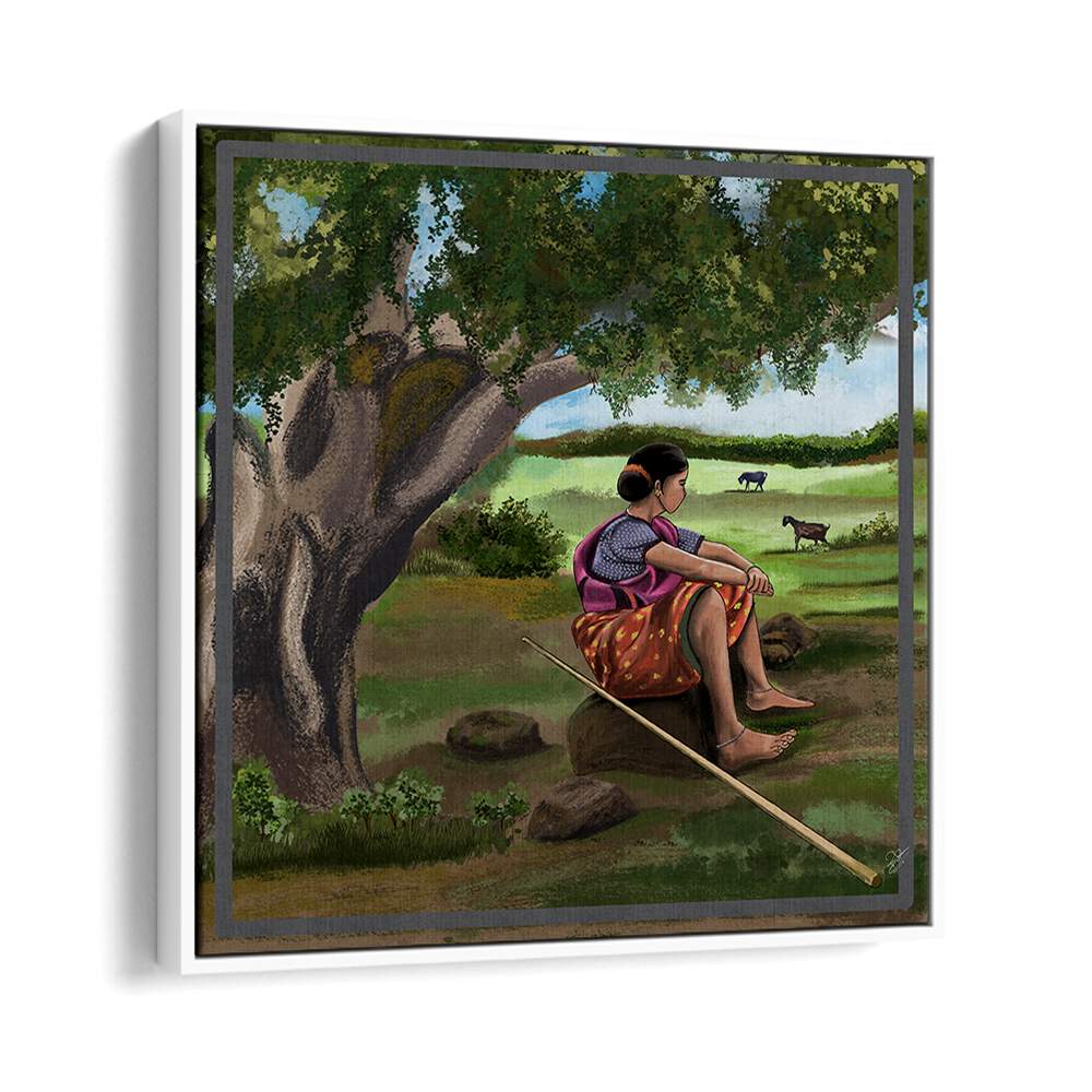 A serene moment captured in WHISPER OF THE MEADOWS, INDIAN ART PAINTINGS, showcasing a woman resting under a tree.