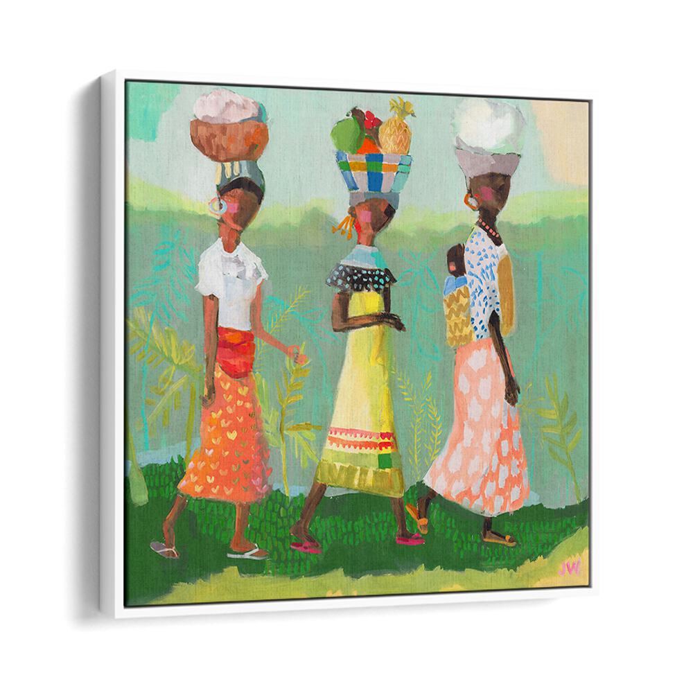 Colorful artwork featuring women carrying goods, showcasing BACK FROM THE MARKET, PORTRAITS collection's vibrant style.