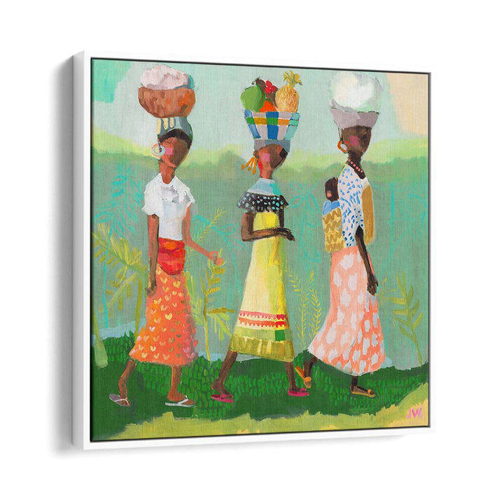 Colorful artwork featuring women carrying goods, showcasing BACK FROM THE MARKET, PORTRAITS collection's vibrant style.