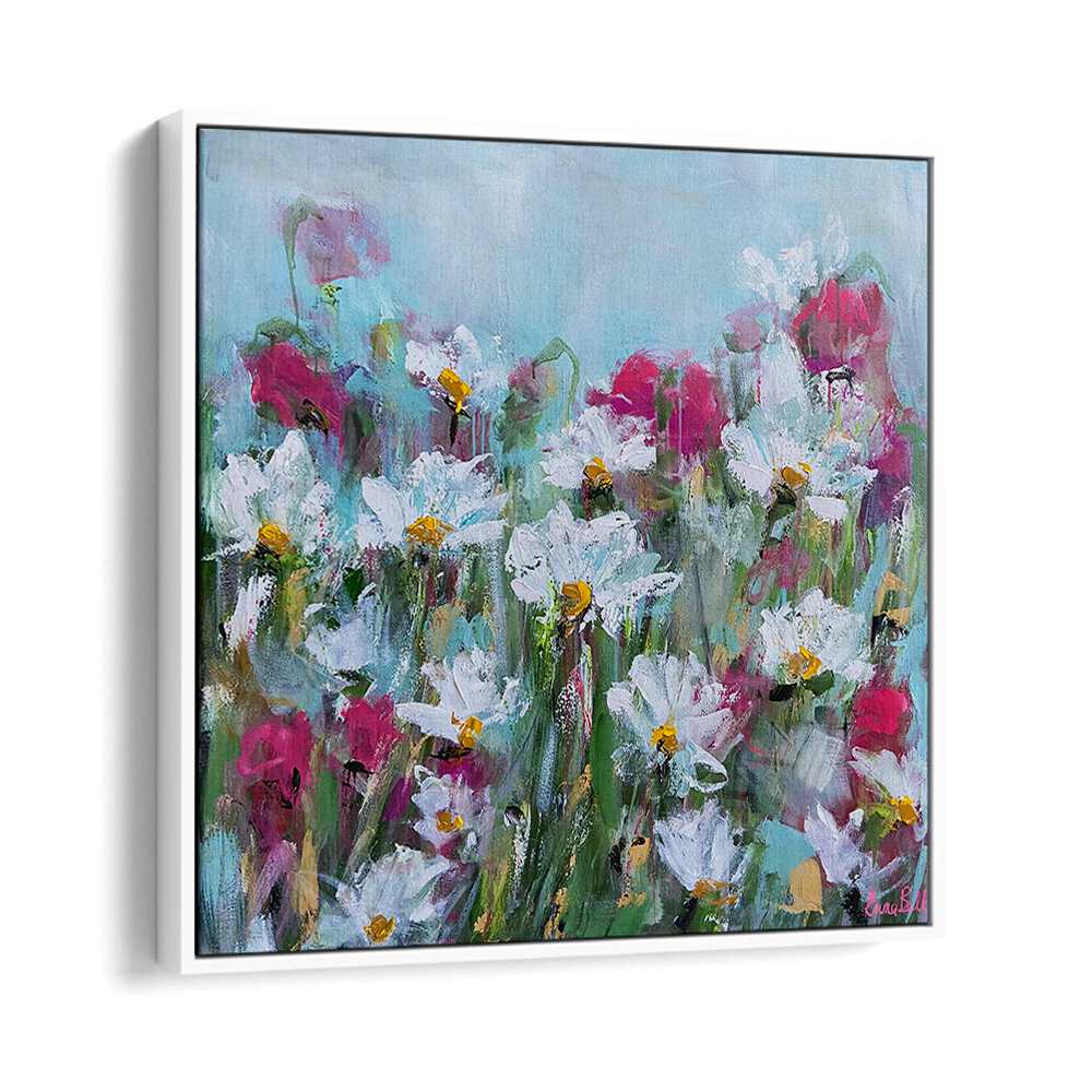 Vibrant WHITE DAISIES AND PINK BLOSSOMS, FLORAL FLOWER PAINTINGS, perfect for enhancing your botanical-inspired decor.