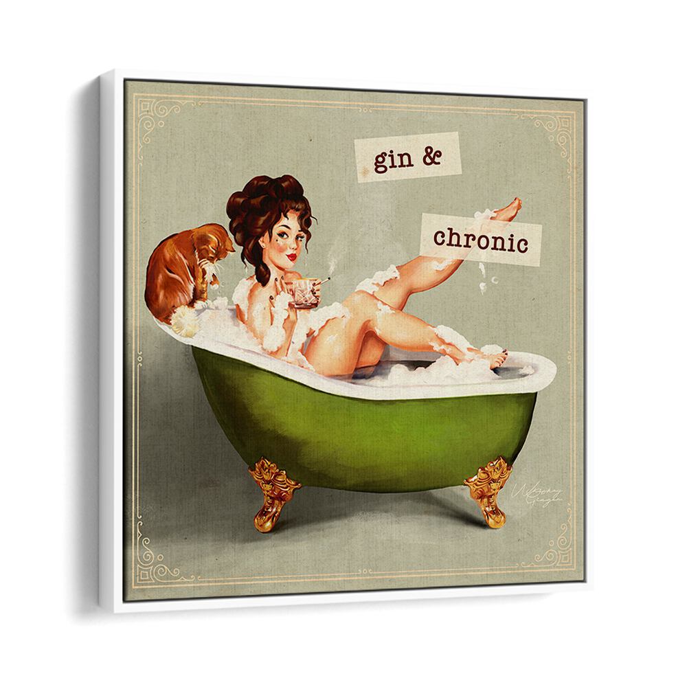 Playful GIN AND CHRONIC, PORTRAITS artwork featuring a woman in a bathtub, showcasing artistic elegance and charm.