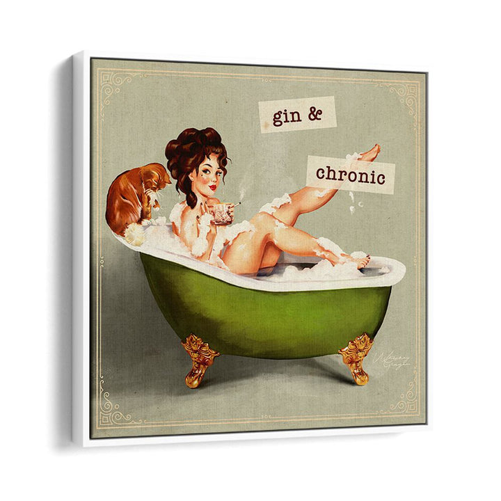 Playful GIN AND CHRONIC, PORTRAITS artwork featuring a woman in a bathtub, showcasing artistic elegance and charm.