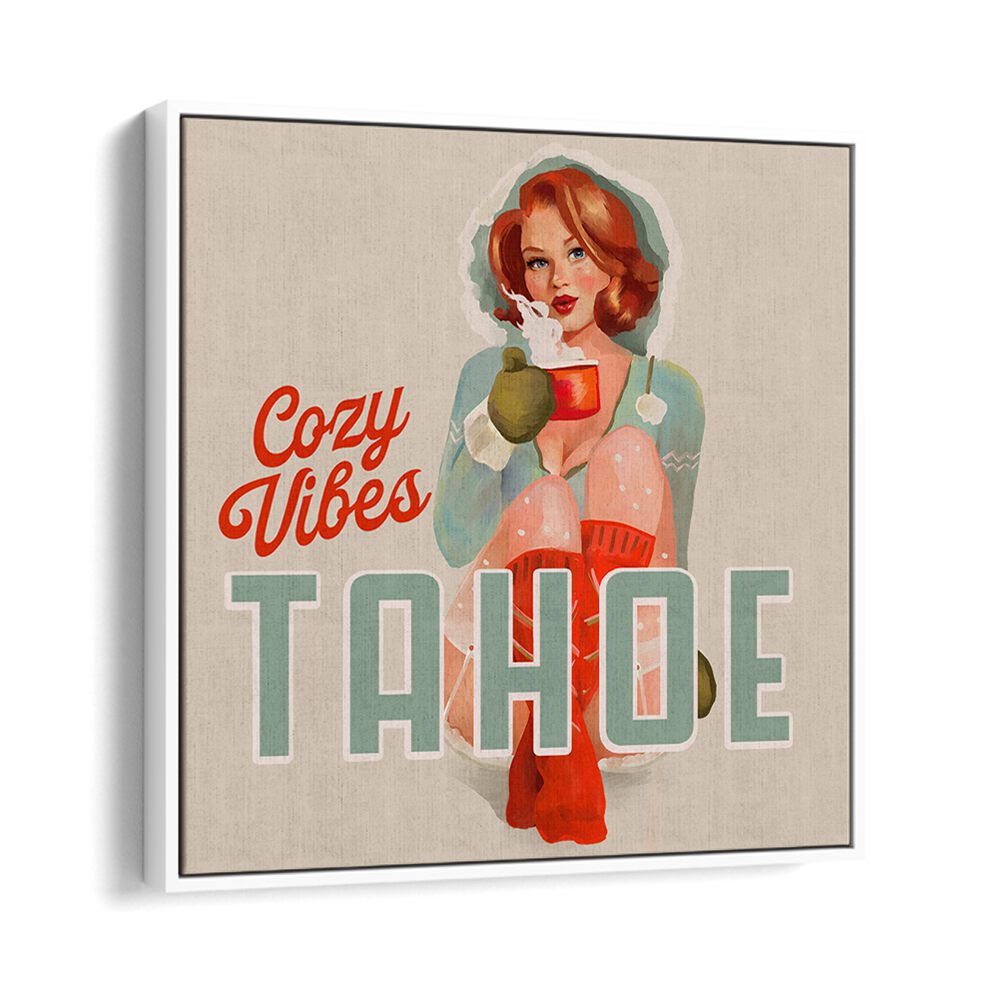 Cozy Vibes, Bar art featuring a whimsical woman illustration, perfect for a warm and inviting space.