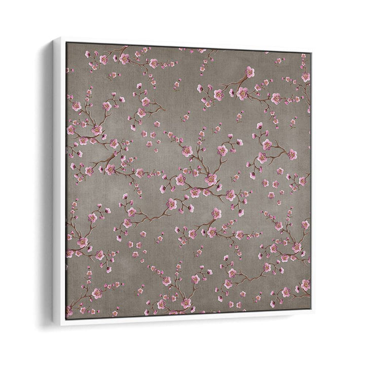 SAKURA BEIGE, FLORAL FLOWER PAINTINGS feature delicate pink blossoms on a soft gray background, perfect for home decor.