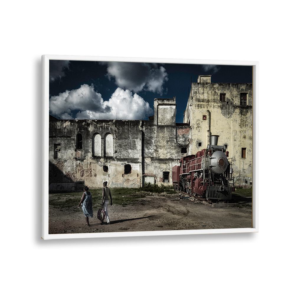 Havana Train, Photography Prints capture urban life with a vintage train backdrop and two figures walking in Havana.