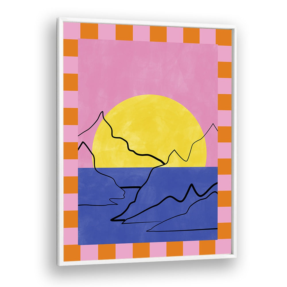 Vibrant DROWNING SUN, LANDSCAPE PAINTINGS by Elena Ristova showcase a colorful sunset over abstract mountains.