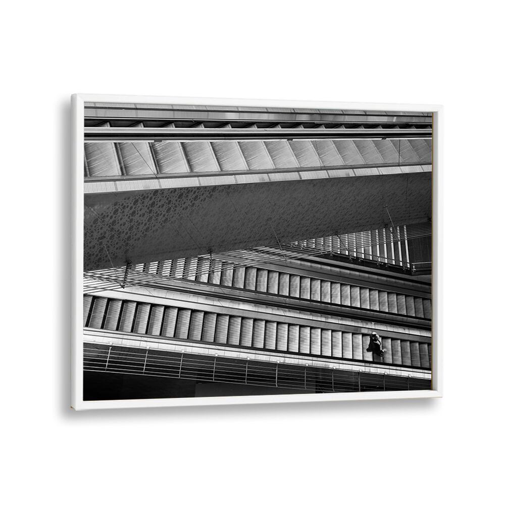 Black and white urban scene showcasing dynamic architecture in UNTITLED V, PHOTOGRAPHY PRINTS collection.
