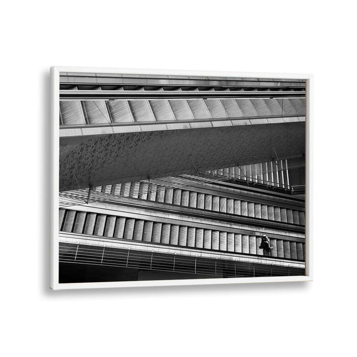 Black and white urban scene showcasing dynamic architecture in UNTITLED V, PHOTOGRAPHY PRINTS collection.
