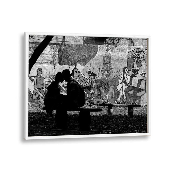 Silhouetted couple sharing a moment, showcasing RELATIONSHIP, PHOTOGRAPHY PRINTS that capture urban connections.