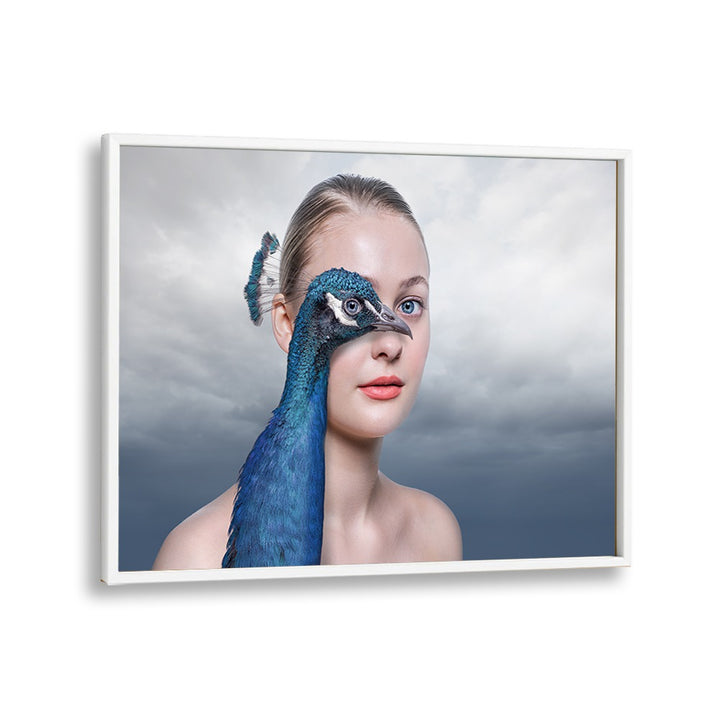 Surreal PEACOCK EYE, PHOTOGRAPHY PRINTS feature a woman with a peacock's head, blending imagination and beauty.