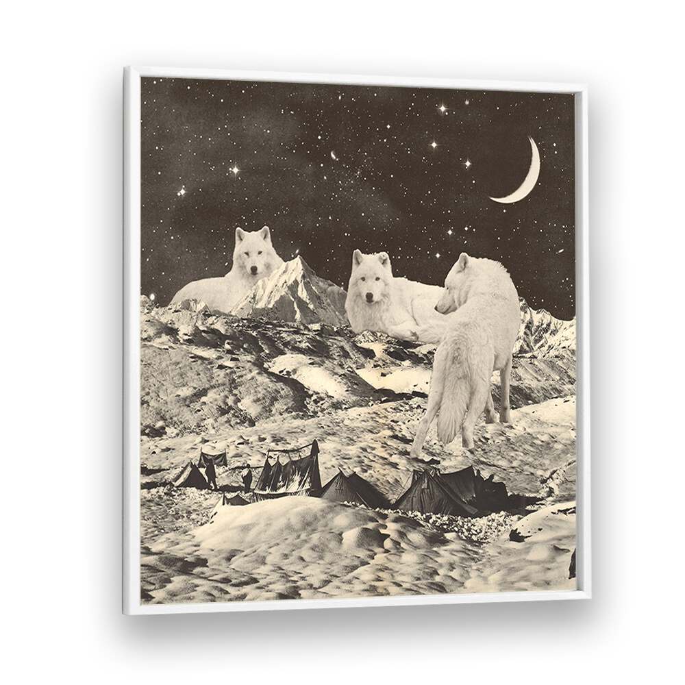 Majestic giant white wolves roam a surreal landscape in this captivating art print, perfect for any collection.