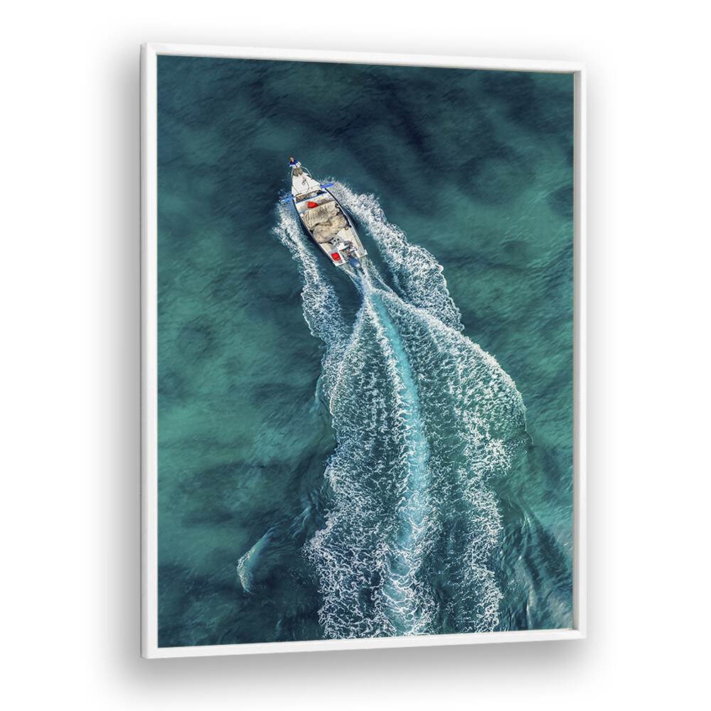 Stunning AERIAL PURSUIT, PHOTOGRAPHY PRINTS showcasing a boat slicing through vibrant turquoise waters.
