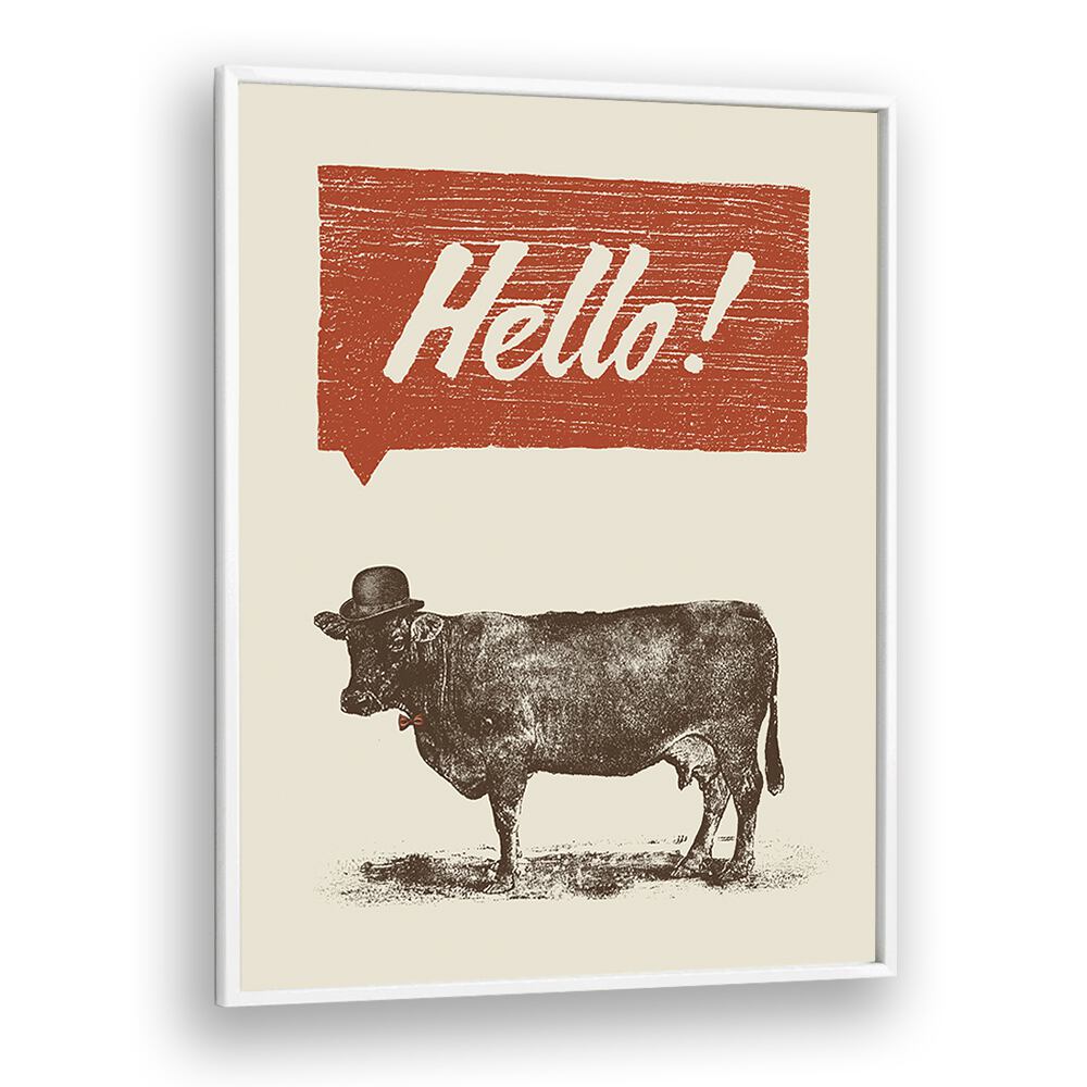 Charming HELLO, QUOTES poster featuring a cow in a hat, perfect for adding playful decor to your space.