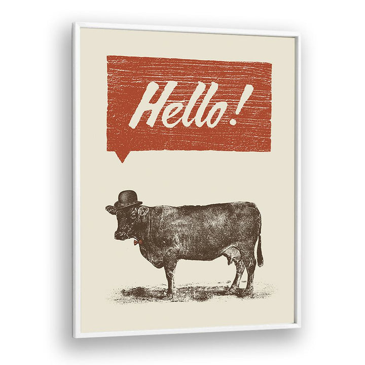 Charming HELLO, QUOTES poster featuring a cow in a hat, perfect for adding playful decor to your space.