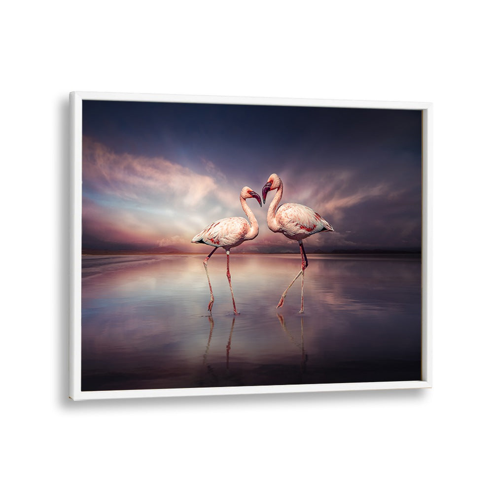 FLAMINGO LOVE, PHOTOGRAPHY PRINTS showcase two flamingos in a surreal, enchanting landscape, perfect for vibrant decor.