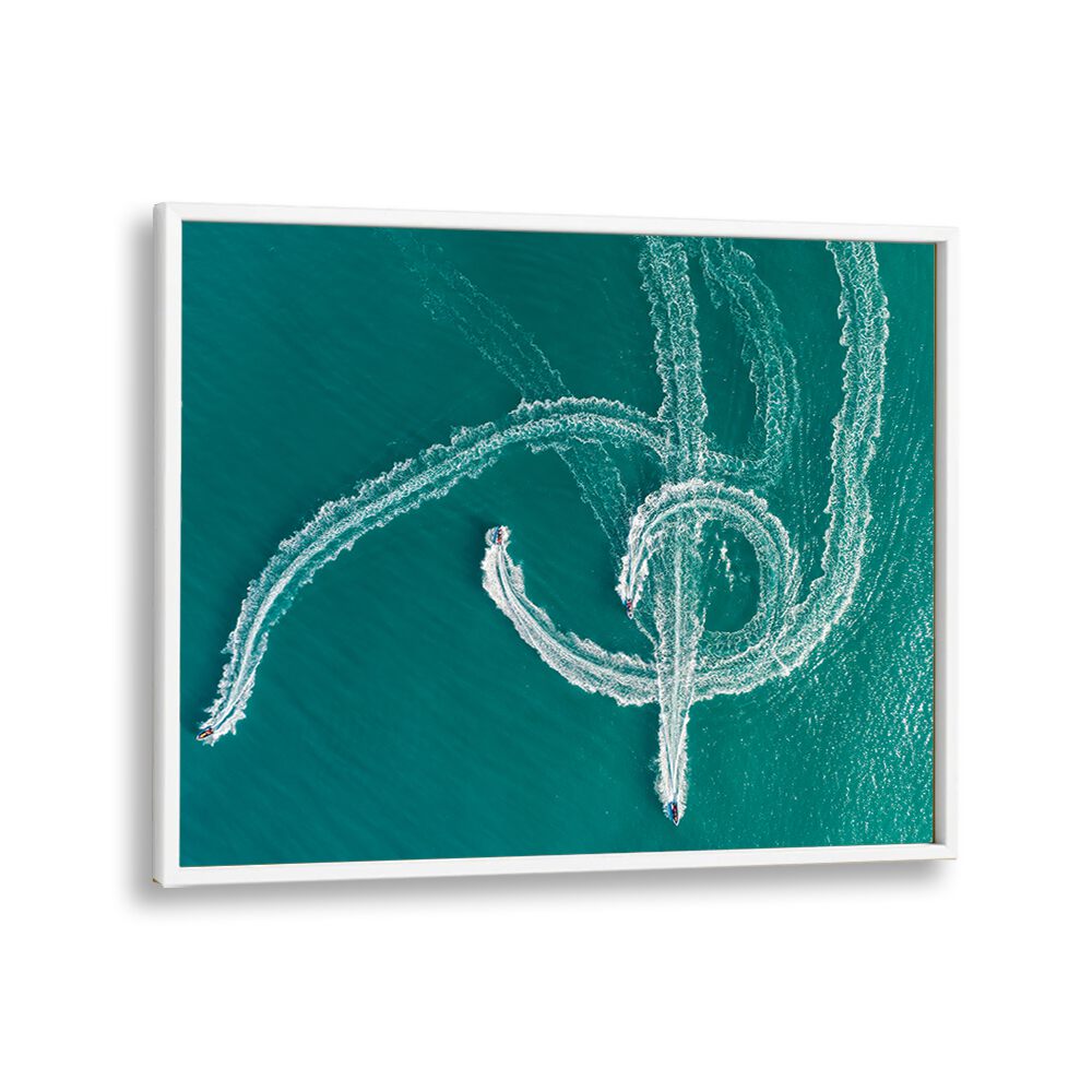 Swirling boat trails atop turquoise waters in SPEEDBOAT SYMPHONY, PHOTOGRAPHY PRINTS for dynamic art lovers.