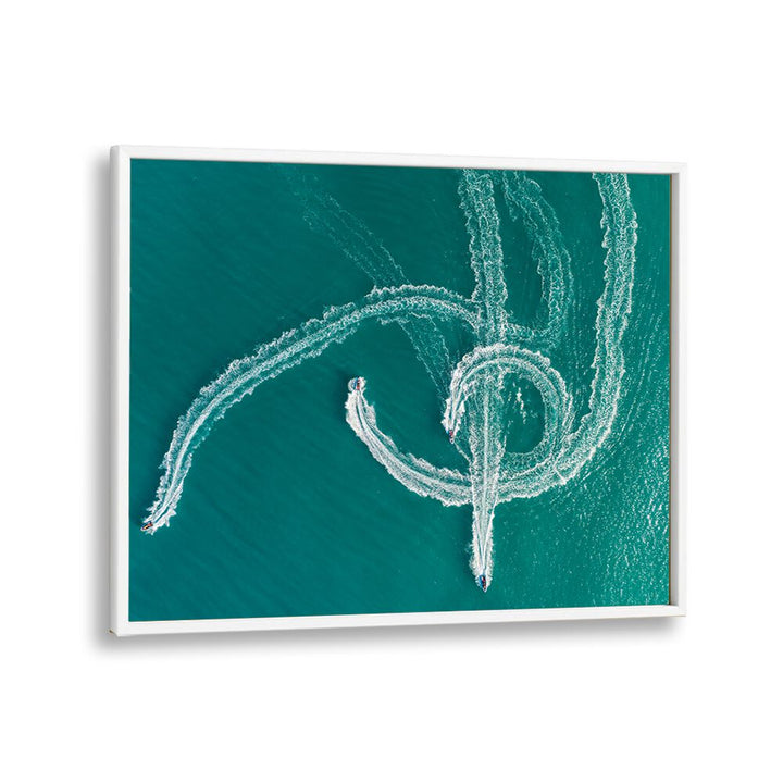 Swirling boat trails atop turquoise waters in SPEEDBOAT SYMPHONY, PHOTOGRAPHY PRINTS for dynamic art lovers.