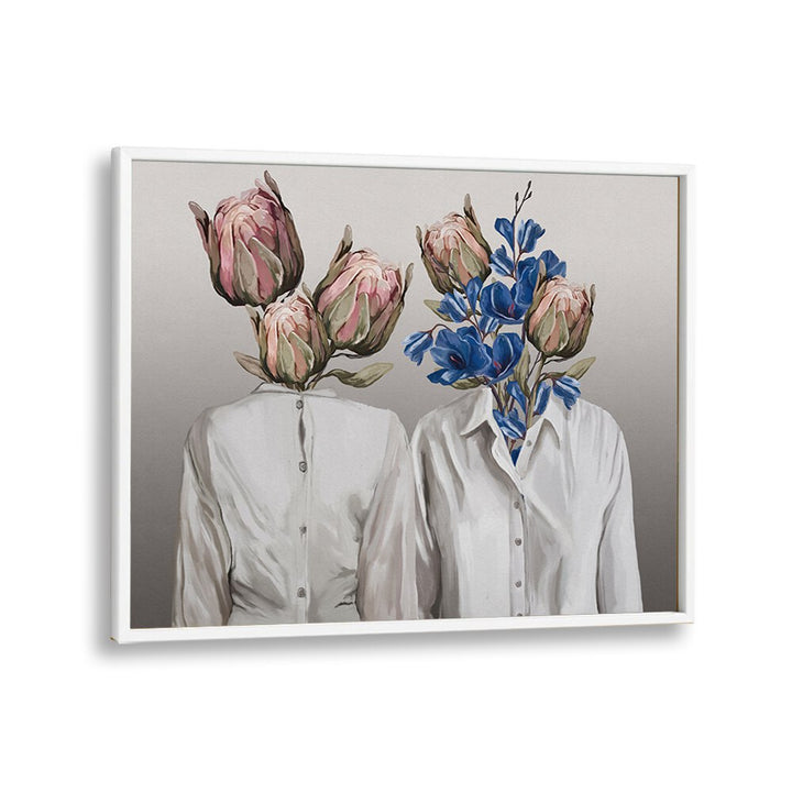 Captivating "LONGING NO.III, PORTRAITS" artwork by Gabriella Roberg features floral-headed figures in elegant attire.