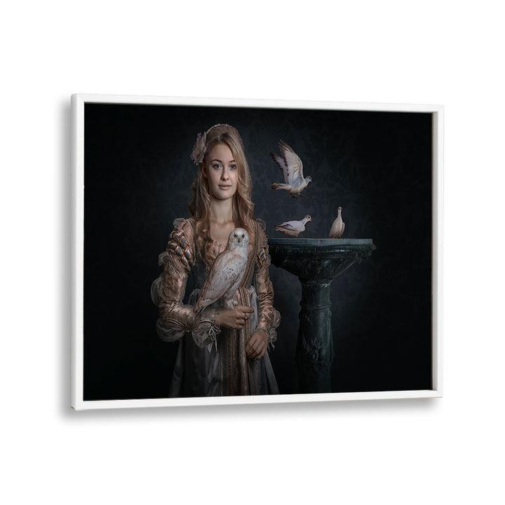 Whimsical PRINCESS BIRDS, PHOTOGRAPHY PRINTS featuring a woman with an owl and flying birds in an elegant setting.