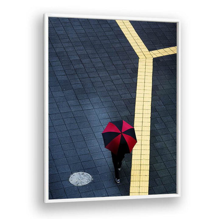 Urban scene featuring a person with a red and black umbrella, perfect for Y, PHOTOGRAPHY PRINTS collection.