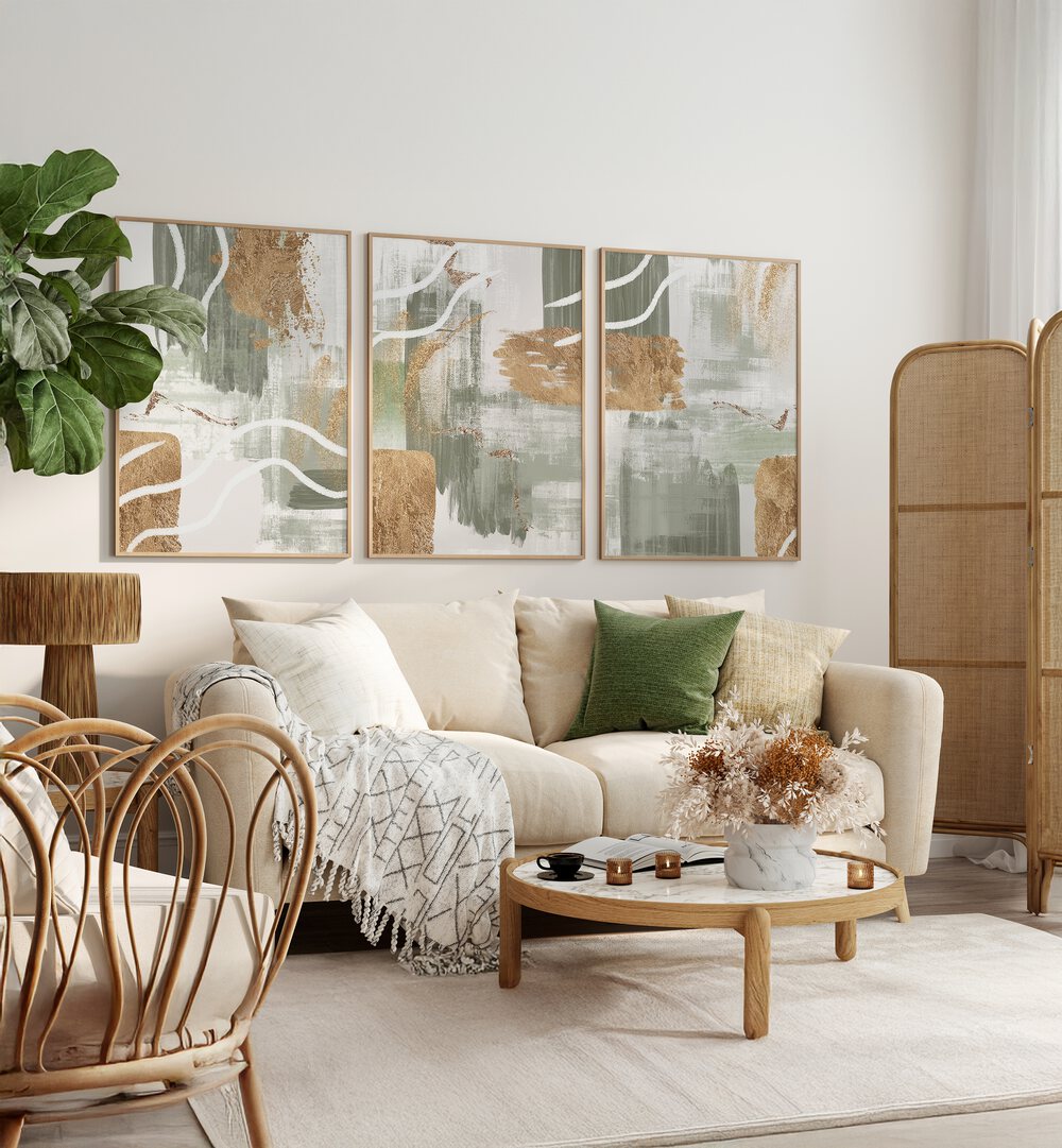 Elegant living room featuring the WHITE LINES ON GREEN SET, SET OF 3 PAINTINGS, enhancing modern decor beautifully.