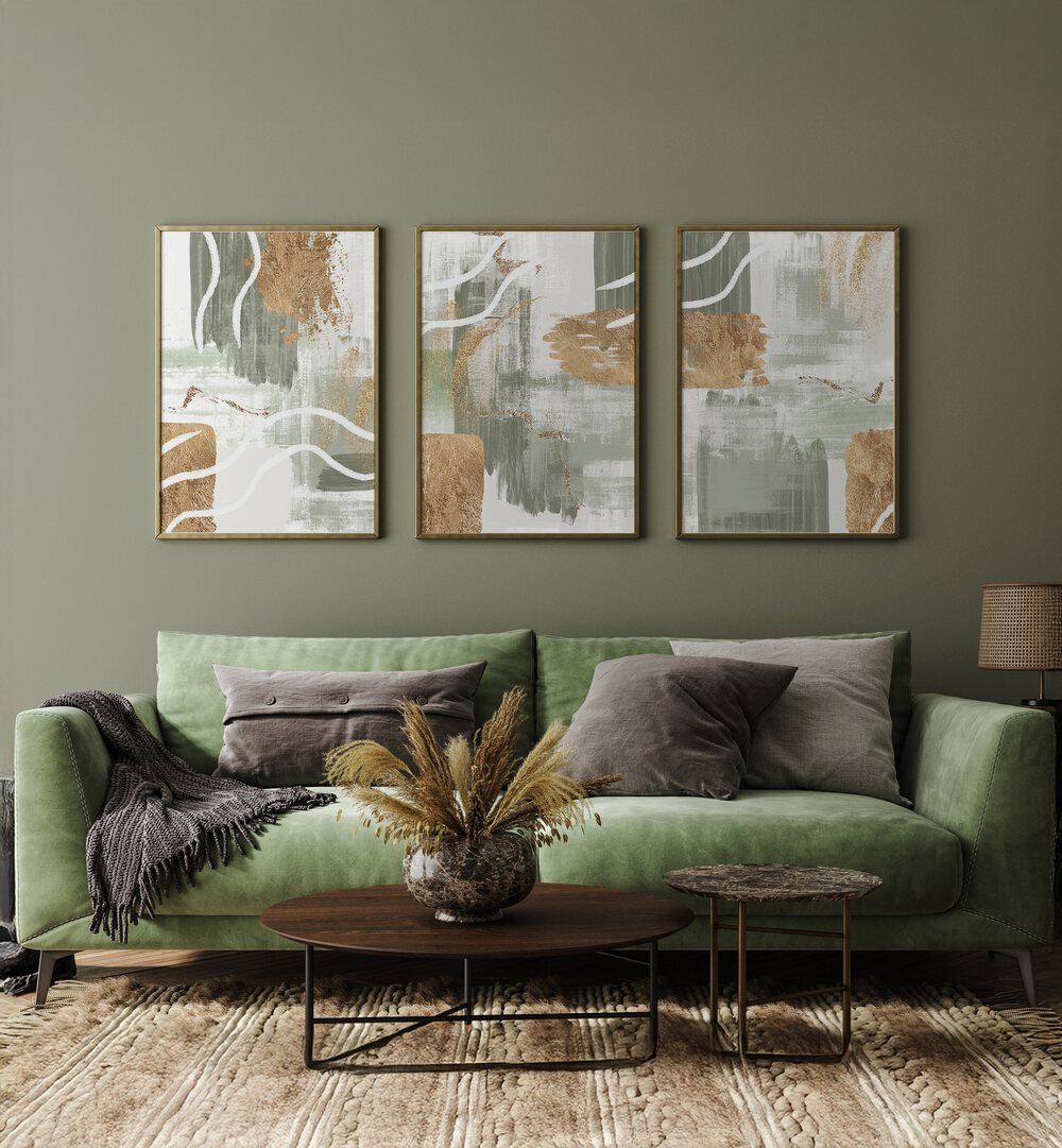 Stylish WHITE LINES ON GREEN SET, SET OF 3 PAINTINGS enhancing a modern living room's decor with elegant artistry.