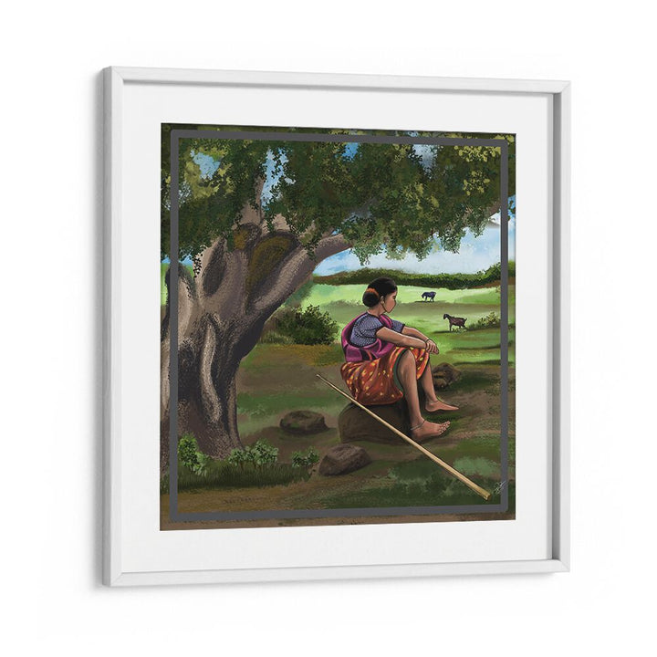 Serene scene of a woman under a tree in WHISPER OF THE MEADOWS, INDIAN ART PAINTINGS, reflecting life's journey.