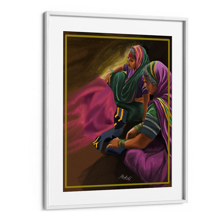 Maharashtrian women weaving Godhadi, capturing the JOY OF WEAVING, INDIAN ART PAINTINGS in vibrant tradition.