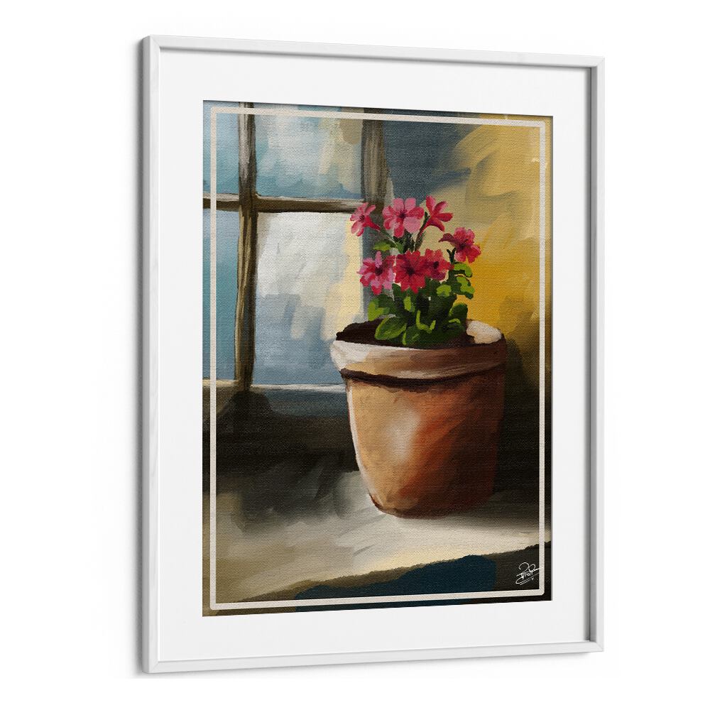 Vibrant flowers in a pot by a window, showcasing "BLOOM BY THE WINDOW , INDIAN ART PAINTINGS" for tranquil decor.