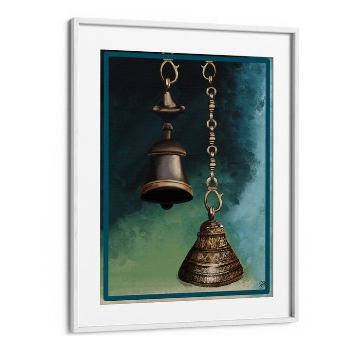 Brass bells elegantly depicted in THE HARMONY, INDIAN ART PAINTINGS showcasing intricate realism and texture.
